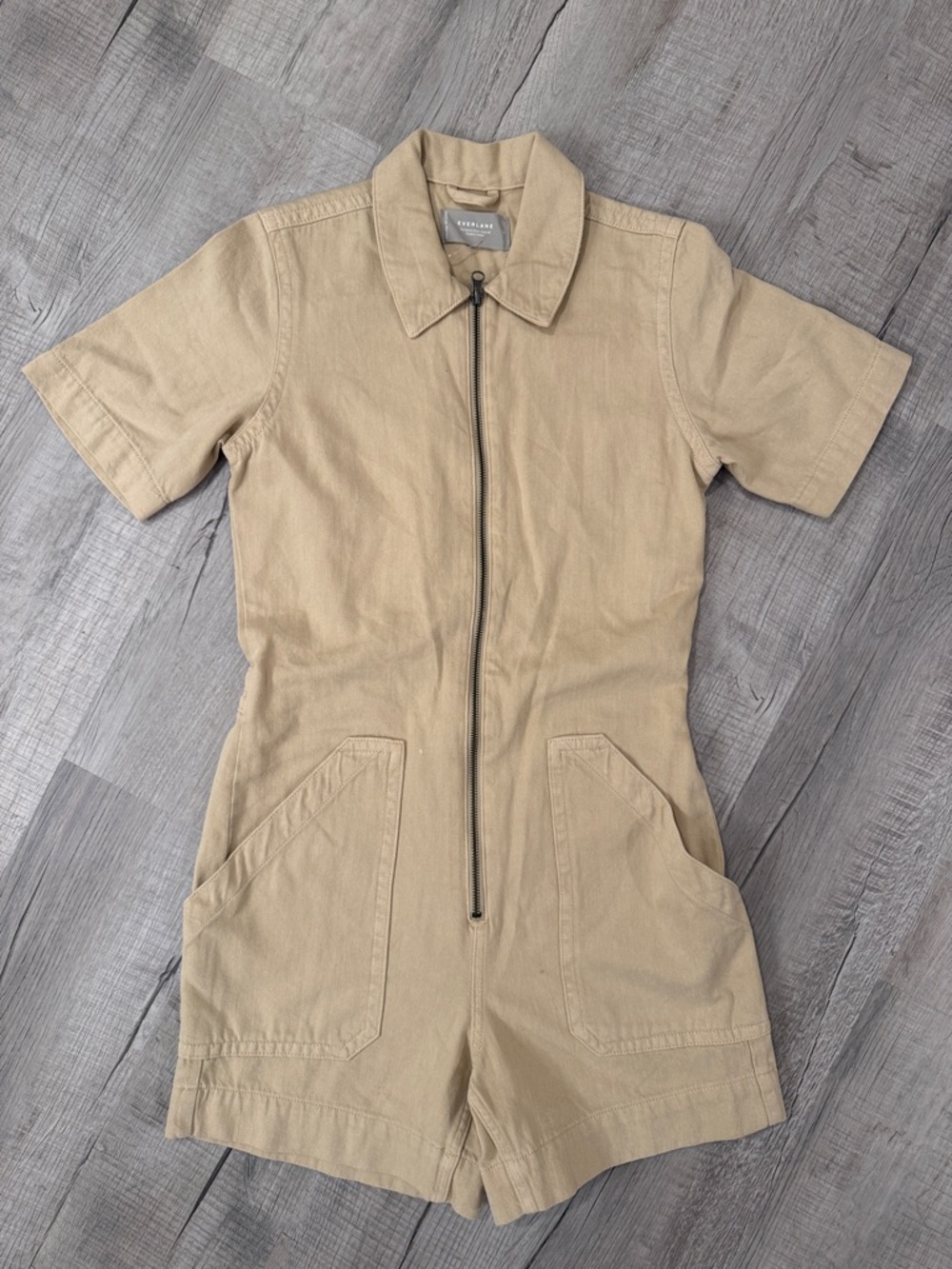 Everlane The Denim Short Coverall Short Sleeve Zip Front Romper in Khaki